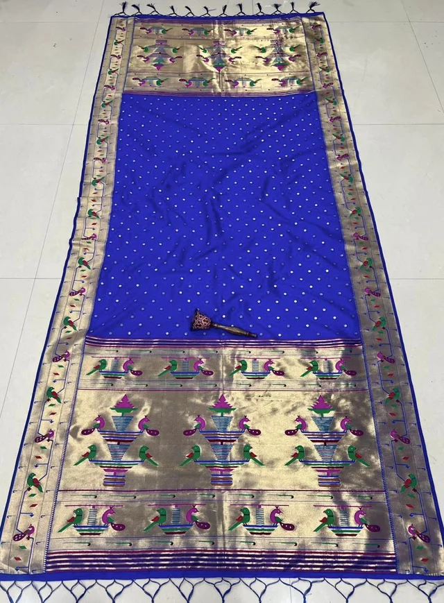 Shahi Royal Blue Soft Silk Dupatta with Premium Handloom Style Peacock and Parrot Rich Tissue Border
