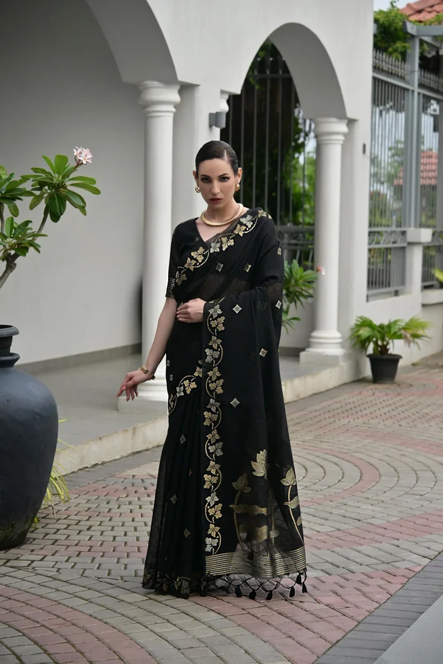 Soft Jute Linen Silk Concept Saree with All-Over Zari Weaved Buttas & Fancy Tassels - LINEN SILK 10