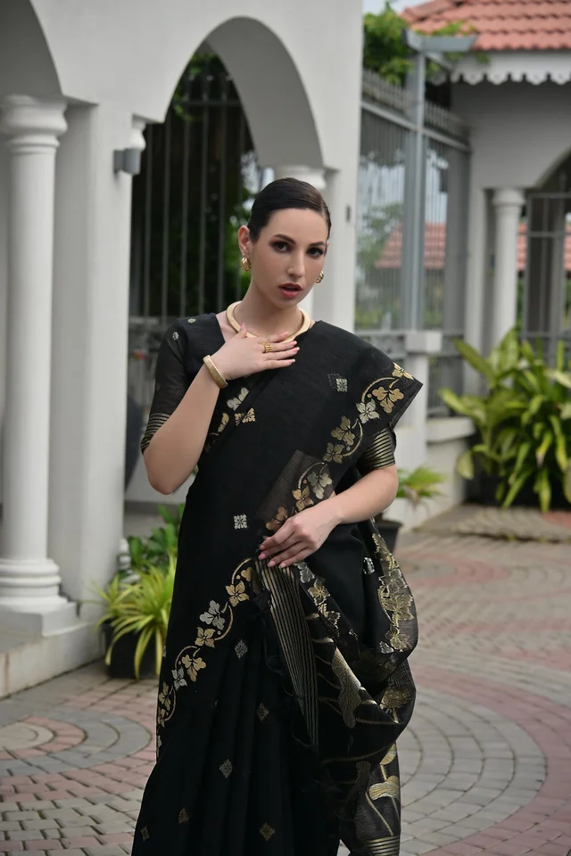 Soft Jute Linen Silk Concept Saree with All-Over Zari Weaved Buttas & Fancy Tassels - LINEN SILK 10 - FREE, BLACK