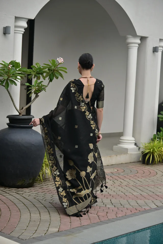 Soft Jute Linen Silk Concept Saree with All-Over Zari Weaved Buttas & Fancy Tassels - LINEN SILK 10 - FREE, BLACK