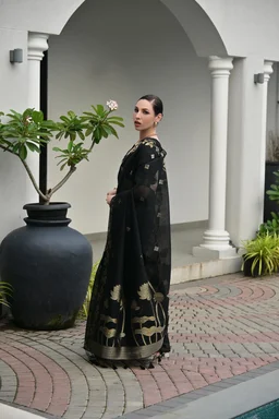 Soft Jute Linen Silk Concept Saree with All-Over Zari Weaved Buttas & Fancy Tassels - LINEN SILK 10 - FREE, BLACK