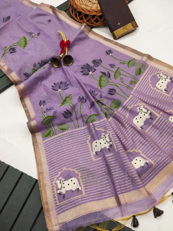 Soft Muga Cotton Pichwai Saree with Lotus Weaving Buttas & Cow Design Pallu -MUGA COTTON 507