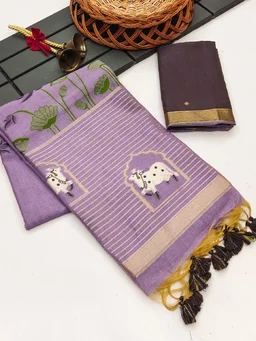 Soft Muga Cotton Pichwai Saree with Lotus Weaving Buttas & Cow Design Pallu -MUGA COTTON 507 - FREE, LAVENDER