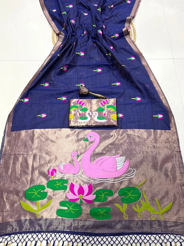 Soft Muga Cotton Saree with Designer Hansa & Kamal Motif Pallu