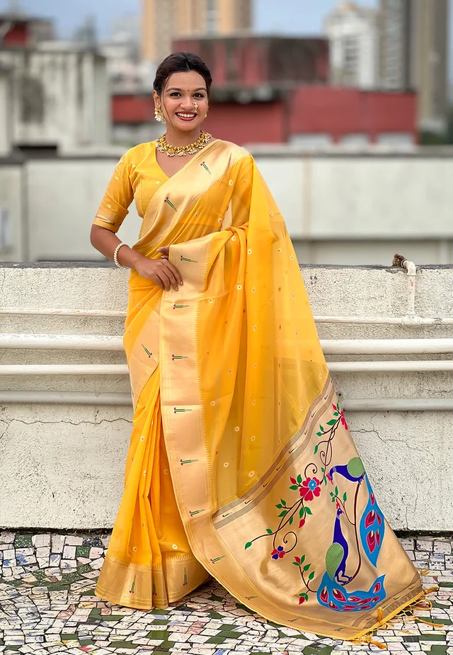 Soft Organza Paithani Saree with Meenakari Zari Butti & Rich Pallu