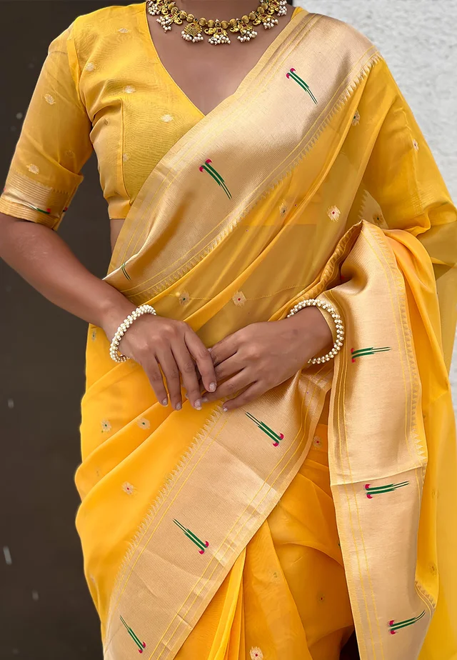 Soft Organza Paithani Saree with Meenakari Zari Butti & Rich Pallu - FREE, VAMA-YELLOW