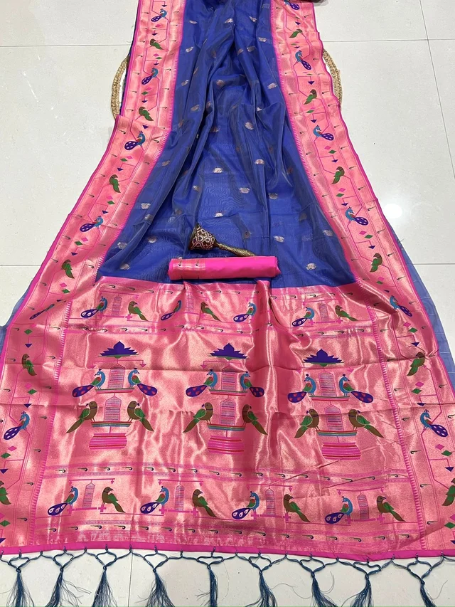 Soft Organza Silk Paithani Saree with Peacock Zari Pallu & Contrast Blouse