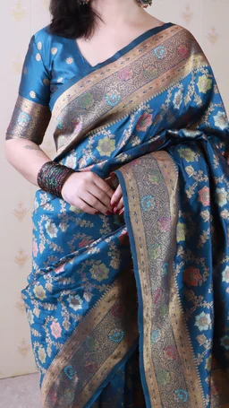 Soft Silk Dusty Saree with Zigzag Motifs & Floral Zari Border - FREE, RADHIKA-DENIM