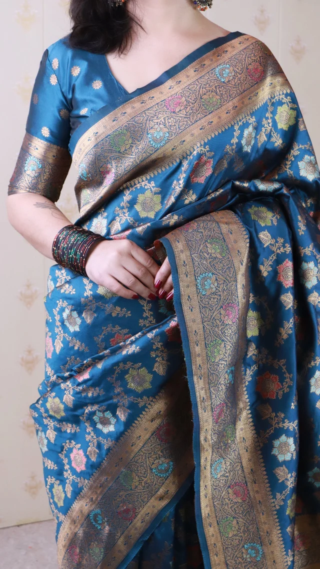Soft Silk Dusty Saree with Zigzag Motifs & Floral Zari Border - FREE, RADHIKA-DENIM