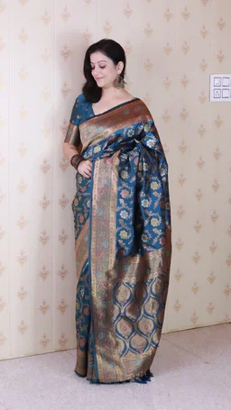 Soft Silk Dusty Saree with Zigzag Motifs & Floral Zari Border - FREE, RADHIKA-DENIM