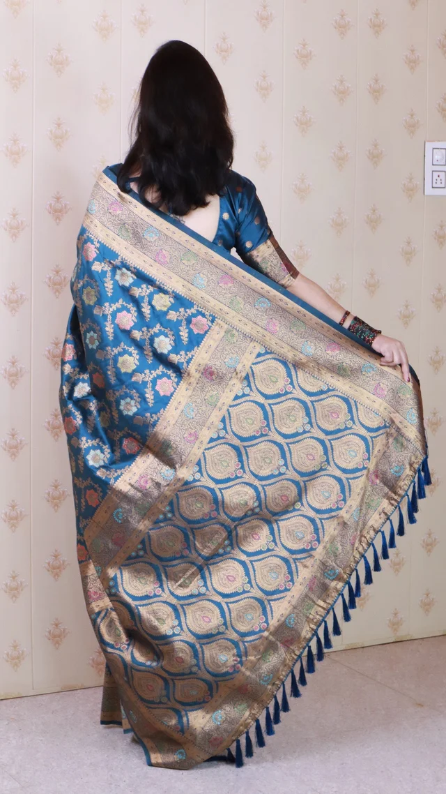 Soft Silk Dusty Saree with Zigzag Motifs & Floral Zari Border - FREE, RADHIKA-DENIM