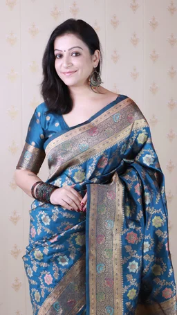 Soft Silk Dusty Saree with Zigzag Motifs & Floral Zari Border - FREE, RADHIKA-DENIM