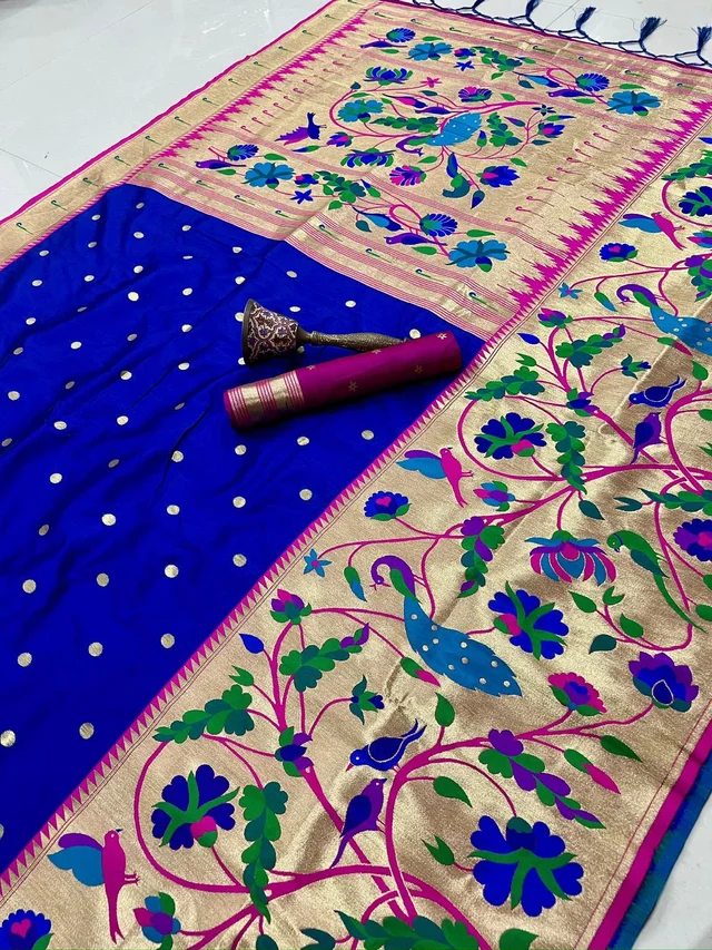 Soft Silk Paithani Saree with Golden Zari Bootis & Floral Meenakari Pallu -