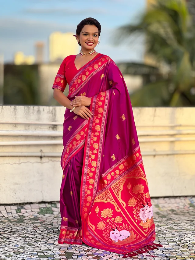 Soft Silk Paithani Saree with Traditional Nandi Cow Motifs & Satin Lotus Border
