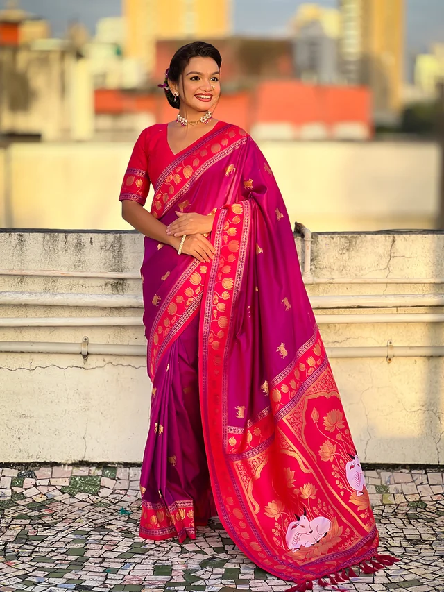 Soft Silk Paithani Saree with Traditional Nandi Cow Motifs & Satin Lotus Border - FREE, MAGENTA