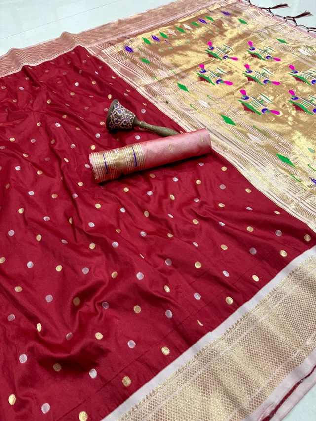 Soft Silk Paithani Saree with Zari Booti Work and Rich Meenakari Peacock Tissue Pallu