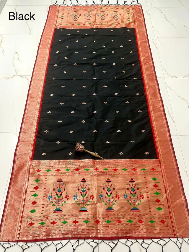 Stunning Black Soft Silk Dupatta with Royal Heritage Guldasta Motif Golden Zari
