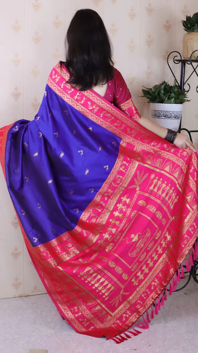 Traditional Art Soft Silk Saree with Gold Zari Motifs & Contrast Pallu - FREE, VIOLET
