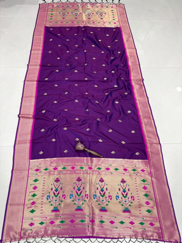 Traditional Dark Purple Soft Silk Dupatta with Classic Zari Buti and Flower Pot Border.
