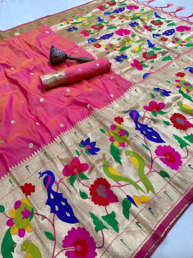 Traditional Maharashtrian Soft Silk Half All Over Paithani Saree with Heavy Gold Zari Weaving Work & Unstitched Blouse Piece