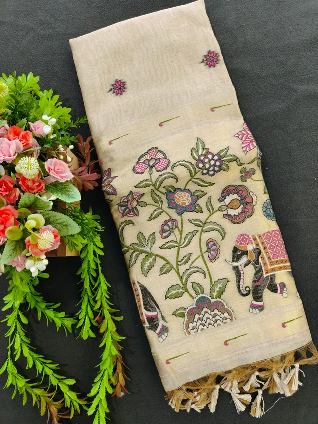 Traditional Muga Cotton Paithani Saree with Muniya Zari Border & Contrast Blouse - Muga cotton paithani 11