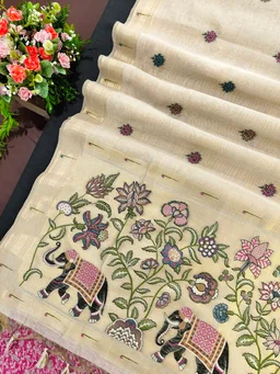 Traditional Muga Cotton Paithani Saree with Muniya Zari Border & Contrast Blouse - Muga cotton paithani 11 - FREE, CREAM