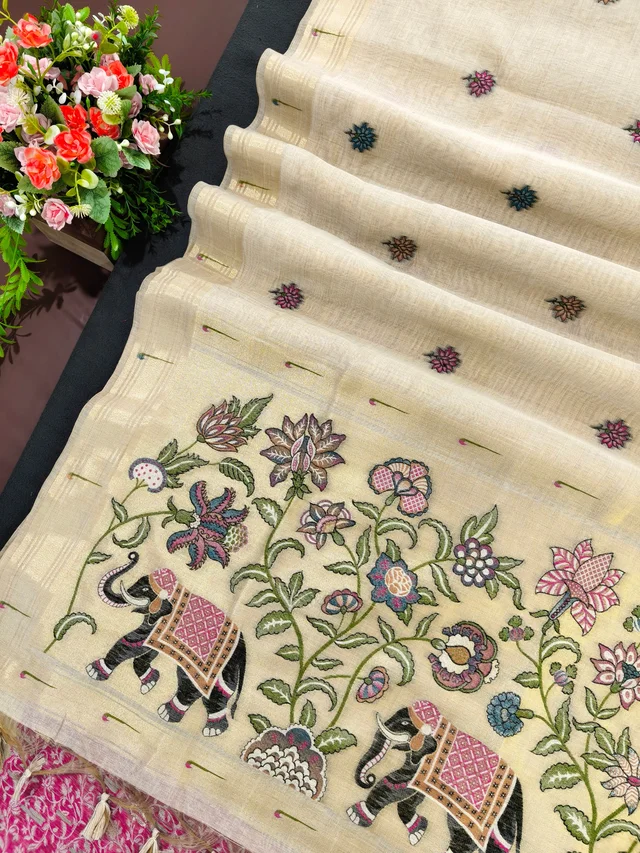 Traditional Muga Cotton Paithani Saree with Muniya Zari Border & Contrast Blouse - Muga cotton paithani 11 - FREE, CREAM