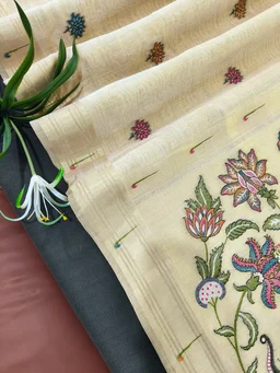 Traditional Muga Cotton Paithani Saree with Muniya Zari Border & Contrast Blouse - Muga cotton paithani 11 - FREE, CREAM
