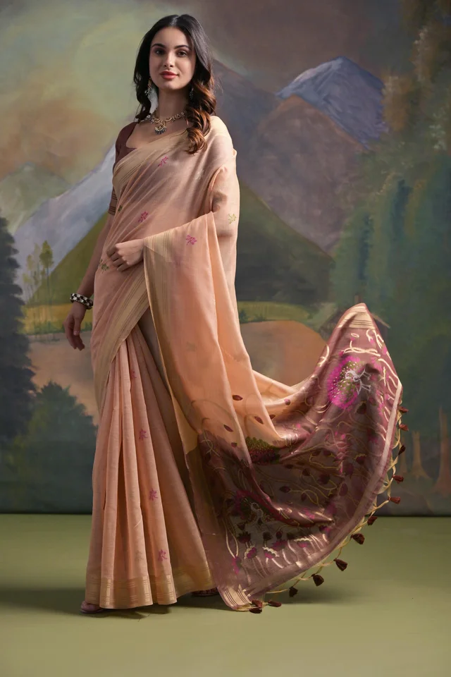 Traditional Muga Silk Saree featuring Intricate Resham Butties and Contrast Blouse - FREE, peach