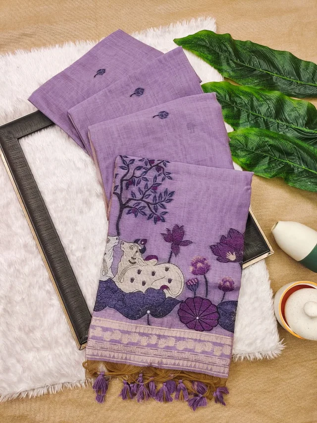 Traditional Pichwai Print Muga Cotton Saree - Resham Lotus Pallu with Blouse Piece