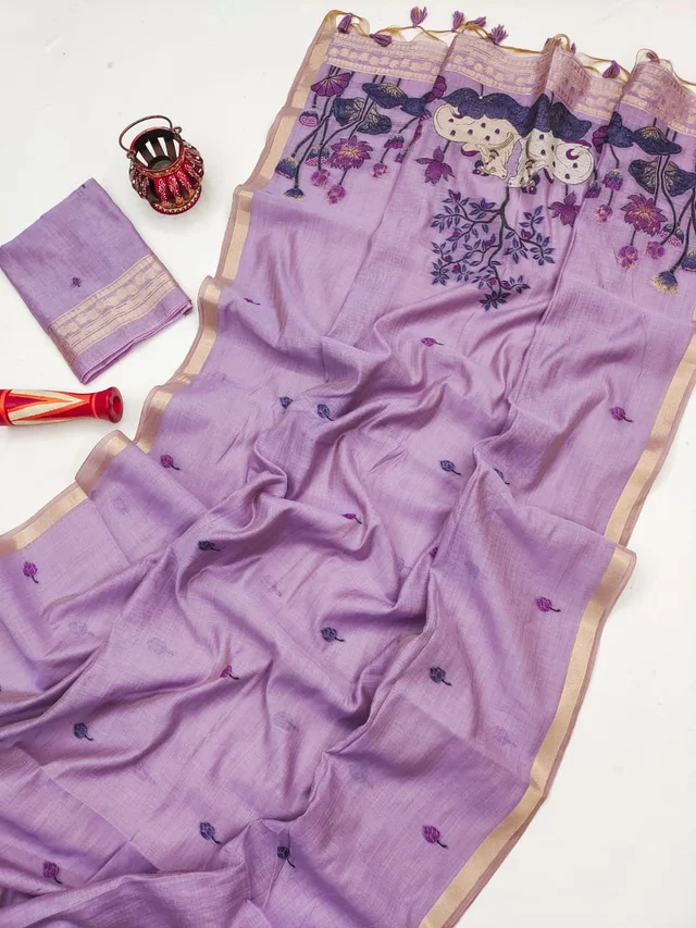Traditional Pichwai Print Muga Cotton Saree - Resham Lotus Pallu with Blouse Piece - FREE, Lavender