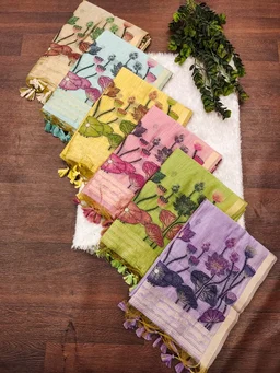 Traditional Pichwai Print Muga Cotton Saree - Resham Lotus Pallu with Blouse Piece - FREE, Lavender