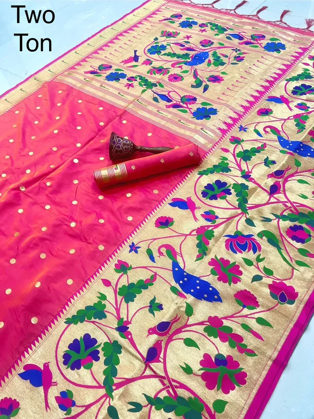 Traditional Silk Paithani Saree with Gold Zari Border & Contrast Blouse Piece