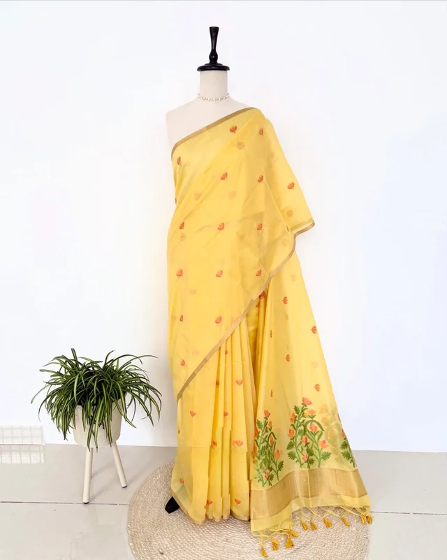 Traditional Soft Muga Cotton Saree � Resham Jamdani Lotus Pallu with Fancy Tassels