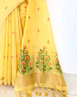 Traditional Soft Muga Cotton Saree � Resham Jamdani Lotus Pallu with Fancy Tassels - FREE, YELLOW
