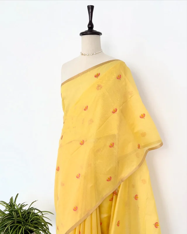 Traditional Soft Muga Cotton Saree � Resham Jamdani Lotus Pallu with Fancy Tassels - FREE, YELLOW