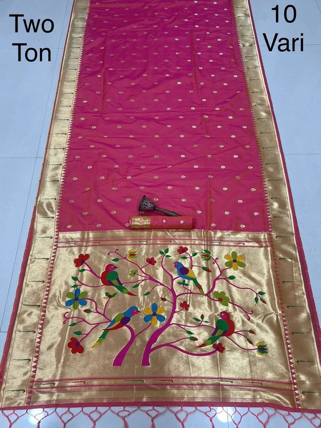 Traditional Soft Silk 10 Vari Saree with Rich Gold Zari Work & Colorful Bird Meenakari Pallu
