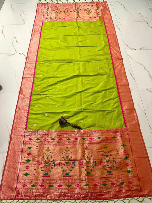 Trendy Parrot Green Soft Silk Dupatta with Classic Small Zari Buti and Heavy Motif Border
