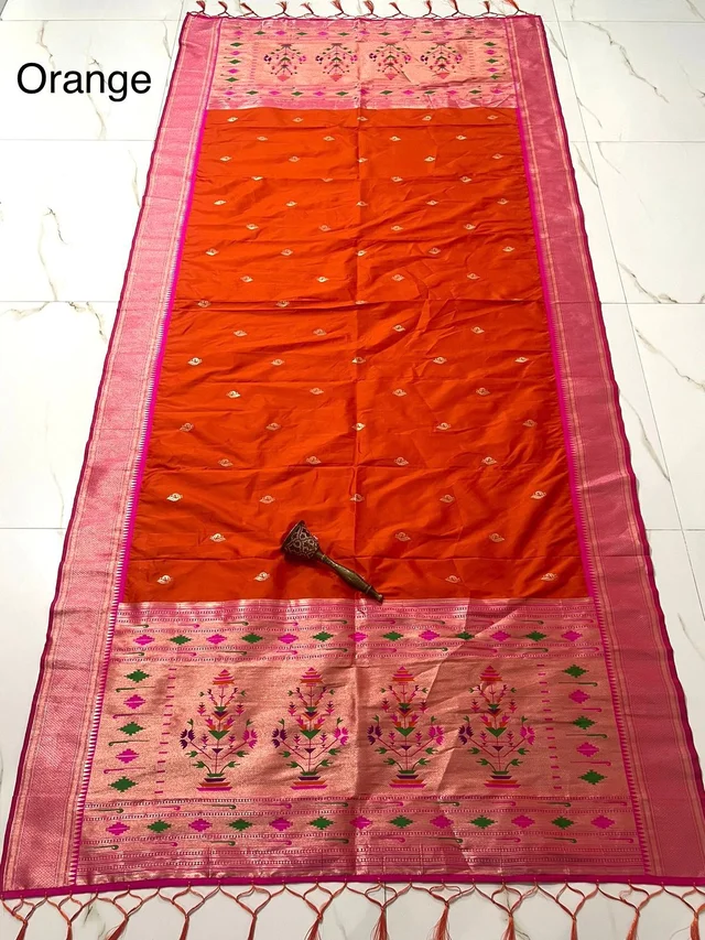 Vibrant Orange Soft Silk Dupatta with Traditional Indian Flower Pot Motif Heavy Gold Zari Border