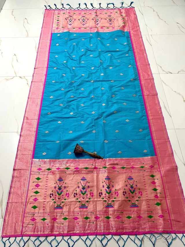 Vibrant Sky Blue Soft Silk Dupatta with Traditional Indian Flower Pot Motif Grand