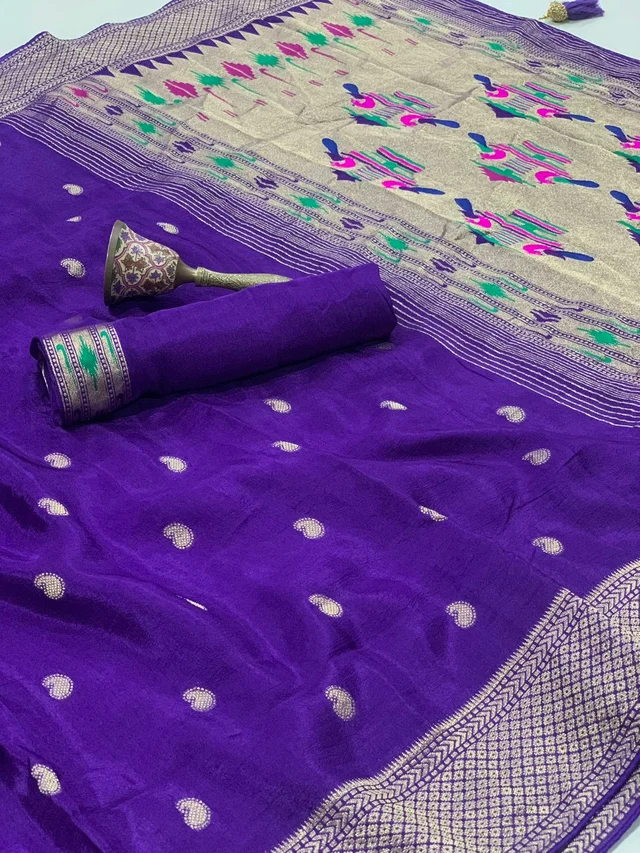Women's Pure Soft Viscose Gajji Silk Saree with Traditional Paithani Pallu & Woven Zari Booti Work