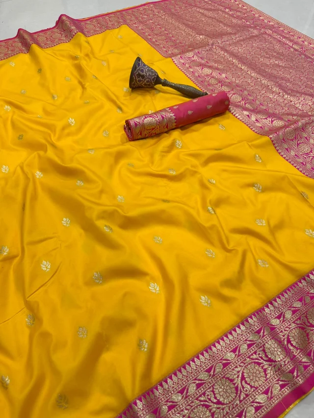 Women's Soft Banarasi Silk Saree with Rose Gold Zari Booti, Contrast Pink Pallu & Border