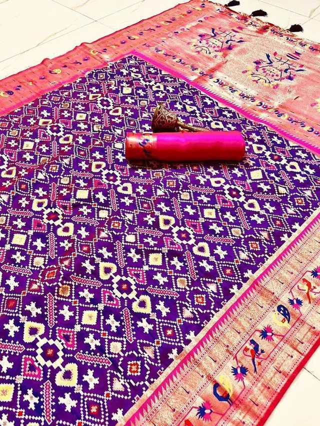 Women's Traditional Patola Silk Saree with Paithani Zari Border & Contrast Blouse Piece for Wedding Wear