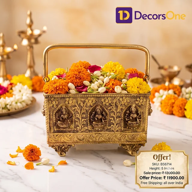 DecorsOne Premium Brass Square Ashtalakshmi Pooja Basket | 8 Forms of Wealth Flower Tokri for Daily Puja & Vastu