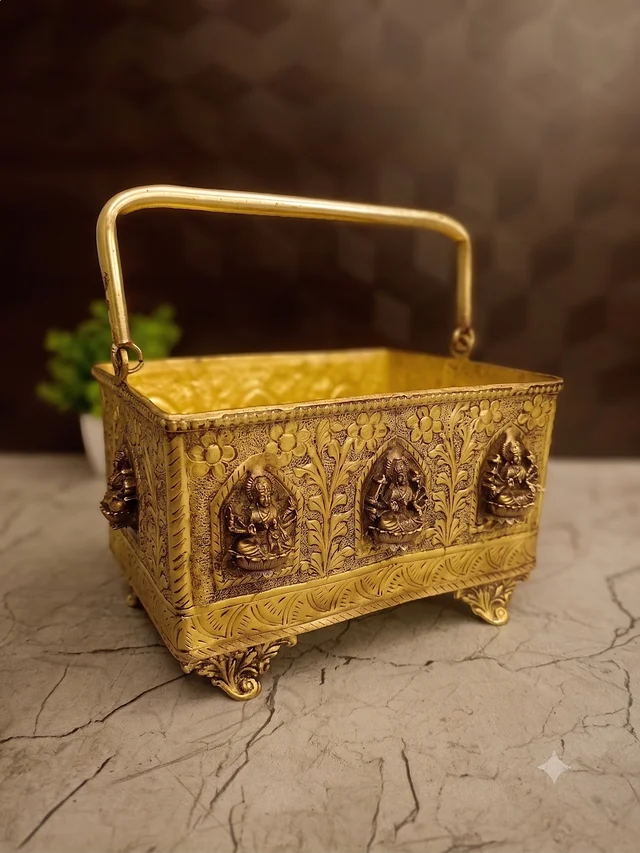 DecorsOne Premium Brass Square Ashtalakshmi Pooja Basket | 8 Forms of Wealth Flower Tokri for Daily Puja & Vastu