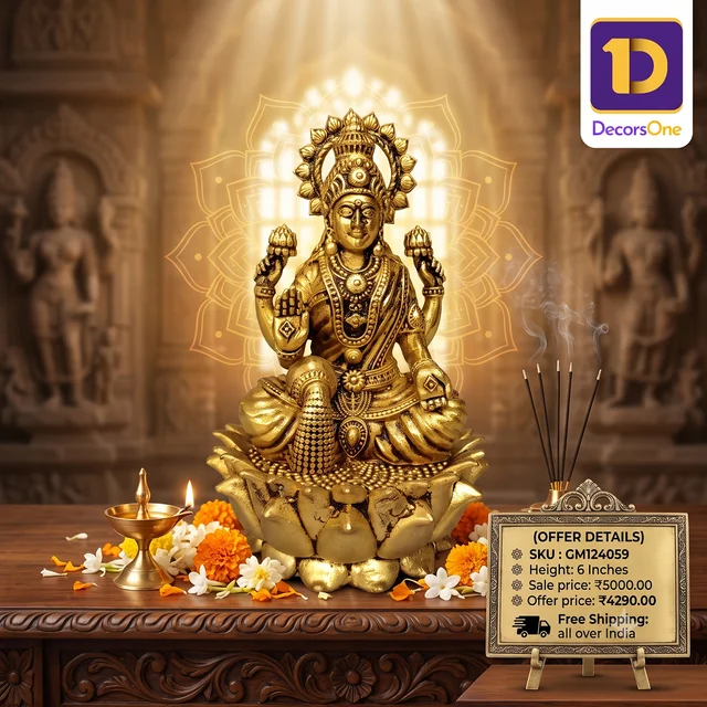 DecorsOne Brass Fine Art Lakshmi Sitting On Lotus Statue