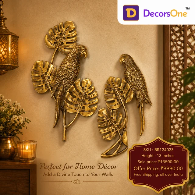 DecorsOne Brass golden parrot with leaves wall decor