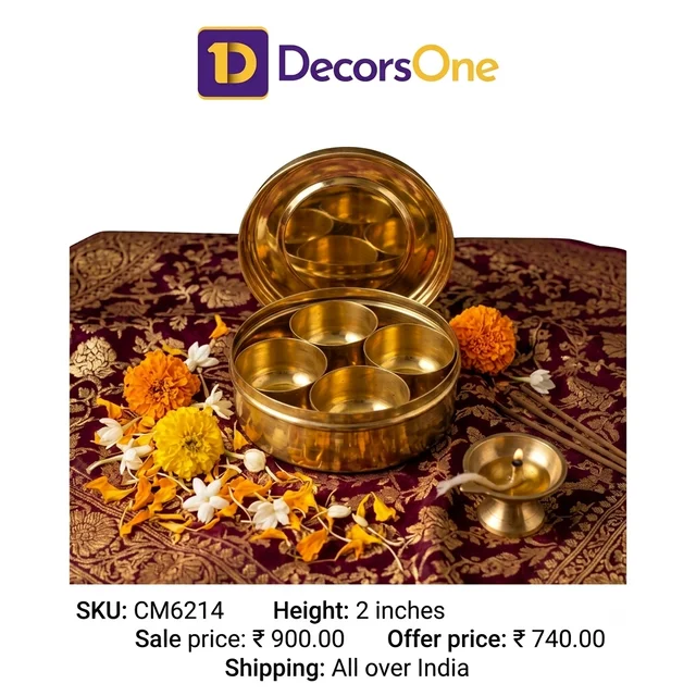 DecorsOne Authentic Brass Anjarai Petti | Vintage South Indian Masala Box for Vastu Kitchens & Prosperity