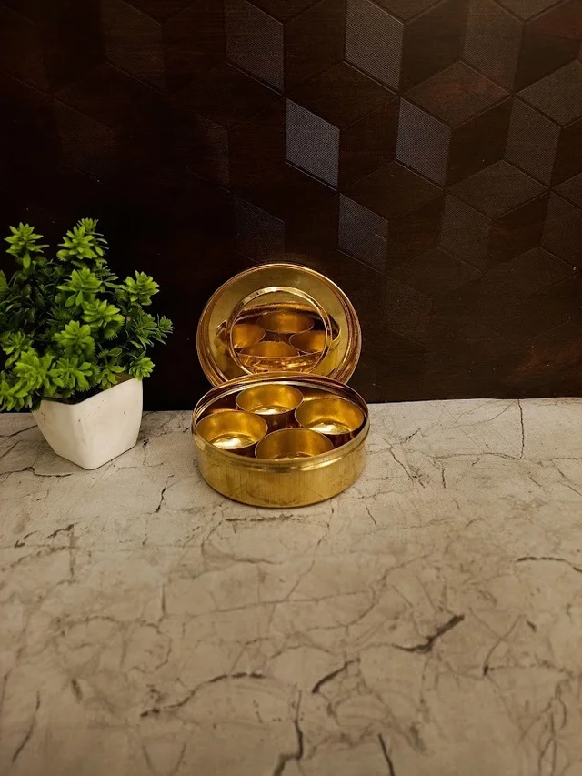 DecorsOne Authentic Brass Anjarai Petti | Vintage South Indian Masala Box for Vastu Kitchens & Prosperity