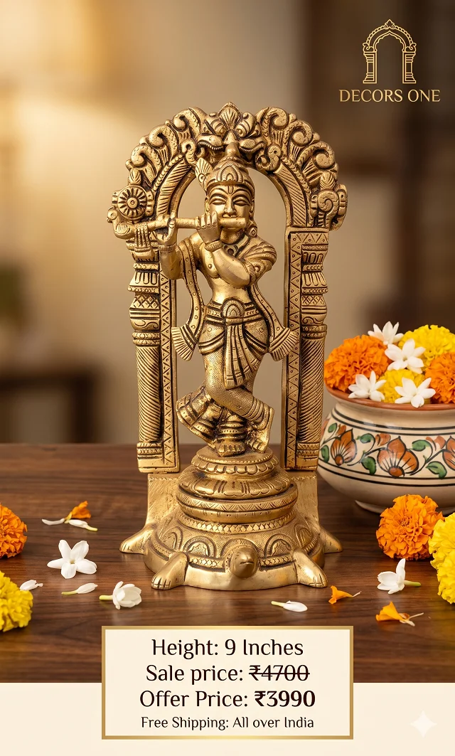 DecorsOne Brass Krishna with Arch Standing on Tortoise Idol- 9″